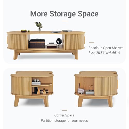Homiflex Coffee Table, Dual Oval Coffee Table with with Storage Cabinet and Sliding Tambour Door, 2-Tier Open Storage Shelf, Mid Century Modern Coffee Tables for Living Room, Natural