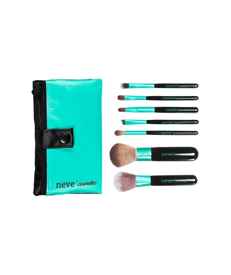 Neve Cosmetics Travel Brush Set in Handy Cosmetic Bag with Zip Pouch, Aqua Makeup, 7 Unità (Confezione da 1) - Image 4