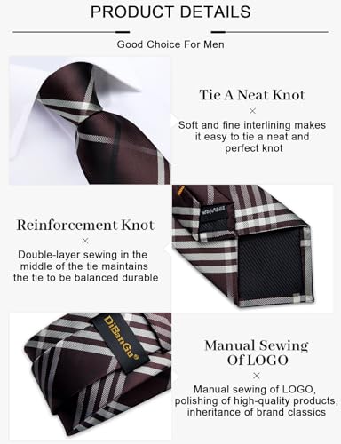 Image of DiBanGu Plaid Ties for Men Silk Checkered Necktie and Pocket Square Cufflinks Tie Clip Set with Gift Box for Wedding Business