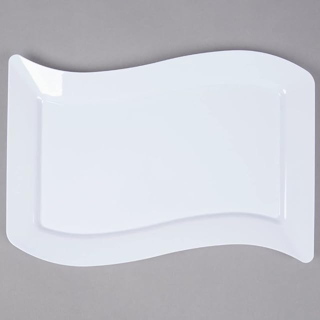 Pack of 10 - Elegant China-Like Hard Plastic Wavy Rectangular Reusable Serving Platters/Buffet Trays/Large Plates - 10 x 13.5 inch (25 x 35 cm) - White