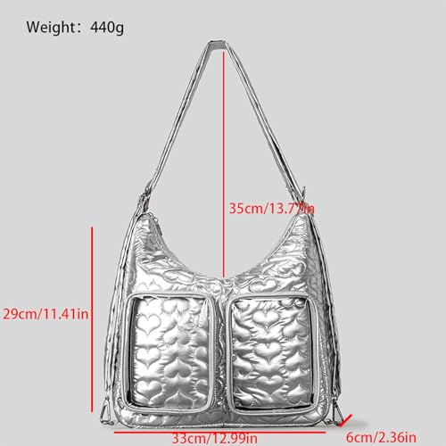 Quilted Puffer Tote Bag Heart Quilted Ita Bag Backpack Bubble Ita Bags Big with Convertible Strap Large Lightweight Cute Puffy Purse 2025 Everyday Work Party (Silver)3