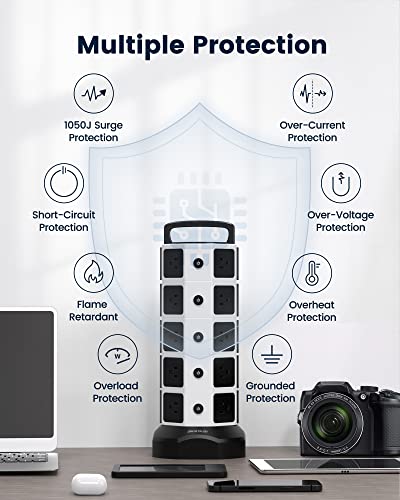 Power Strip Tower Surge Protector 1050J, Jackyled 20 Ac Outlets 6 Usb Ports, 3000W 13A Desktop Electrical Charging Station, 6.5Ft Heavy Duty Extension Cord, For Home, Office, Garage, White Black #TOP4