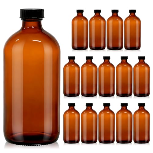 15 Pack 16 oz Amber Glass Boston Round Bottles with Phenolic Polycone Caps Airtight Leak-Proof Brown Bottles for Kombucha Brewing Storing Condiments Essential Oils and Homemade Solutions