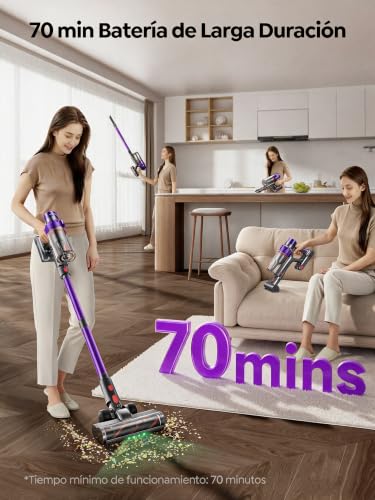 Miniatura 3 de 55KPA/650W/70Min(ECO) VAC02 Mejorada Aspiradora sin Cable, Aspiradora Vertical con Cepillo para Colchón, Modo Automático, Cepillo Anti-Enredo, Luz Verde, Fragancia, Carga Mural para Suelos y Alfombras
