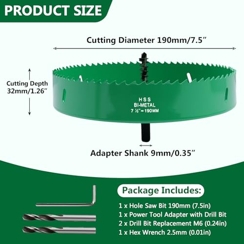 Image of 7.5 Inches /190mm Bi-Metal Hole Saw with Arbor & Pilot Bit | Green-Coated, Cuts Fiberboard, Wood, Drywall, Plastic, Soft Metal, PVC, Cornhole Boards, For Precision Drilling
