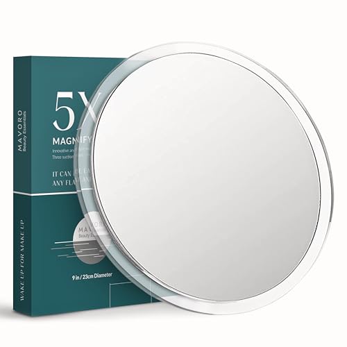 Mavoro 9'' Magnifying Mirror with 3 Strong Suction Cups | 5X Magnification | Portable Travel Makeup & Cosmetic Mirror (5X)