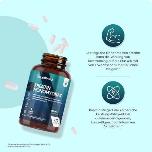 Creatin Monohydrat Tabletten - 3000mg pro Portion - 270 Kreatin Vegan Tablets - 3 Monate Vorrat - Creatine - 3 Kreatin Monohydrat Tabletten pro Tag - Für Männer und Frauen - Glutenfrei - WeightWorld