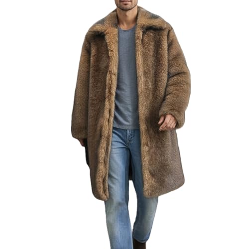 Image of Colf Men's Winter Fluffy Lapel Faux Fur Coat Jacket | Mens Faux Fur Jacket, Winter Long Overcoat, Long Sleeve, Fluffy, Thik Warm