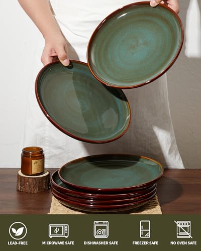 Image of Pokini Ceramic Dinner Plates Set of 6, 10inch Salad, Dessert Plates Dishes | Reactive Glaze Stoneware Dish Set, Dinner Plate for Dessert, Salad, Appetizer, Microwave & Dishwasher Safe, Scratch Resistant