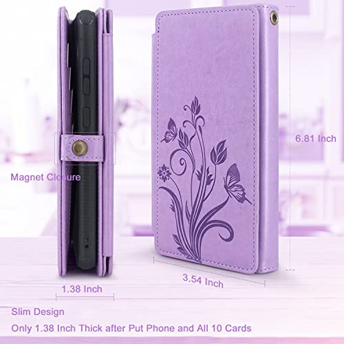 Lacass Compatible With Samsung Galaxy Z Flip 3 Flip3 5G Case [ 10 Card Slots ] Id Credit Cash Holder Detachable Magnetic Leather Wallet Phone Cover Wrist Strap Lanyard (Butterfly Light Purple) #TOP5