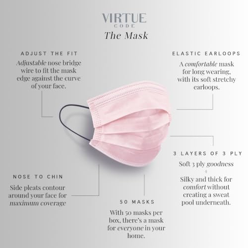 Image of VIRTUE CODE Pink Support Face Masks - Soft 3 Ply Comfort Colorful Disposable Face Mask 50 Pack. Adults Mens and Womens Disposable