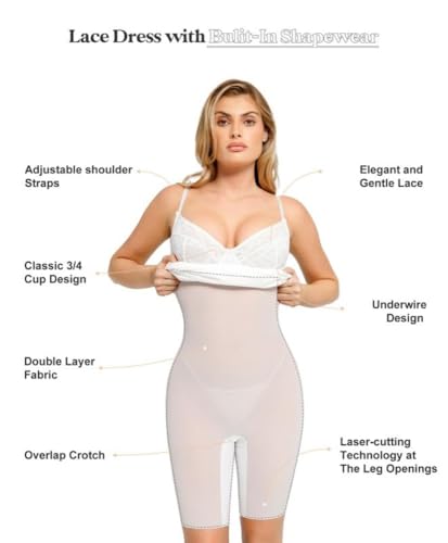 Image of Popilush Lace Midi Dress Shapewear Dresses for Women V-Neck Slip Adjustable Straps Bodycon Slip with Underwire