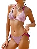 Costume Triangolo Donna：I dettagli a rete e le decorazioni a smerlo conferiscono a questo bikini un look unico e accattivante, perfetto per rilassarsi in piscina o in spiaggia. Il bikini a triangolo da donna allunga le gambe e sottolinea la vita per un look glamour.