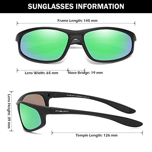 Image of FAGUMA Polarized Sports Sunglasses For Men Cycling Driving Fishing UV400 Protection, Matte Black Frame /Green Mirrored Lens, Standard