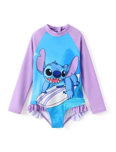 Image of Disney Frozen Stitch Princess Minnie Mouse Girls Swimsuit Long Sleeve Rashguard UPF 50 One Piece Bathing Suit Size 3M-13Y