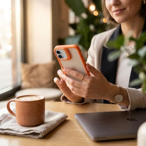 Image of amazon basics Frosted Matte Case for iPhone 17 | Built-in Flip-Out Camera Lens Stand | Translucent Back with Contrast Orange Bumper | Shockproof Protective Cover with Foldable Kickstand