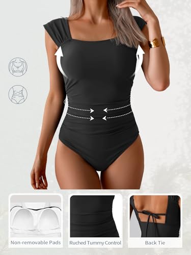 Image of B2prity Womens One Piece Swimsuit Retro Square Neck Tummy Control Bathing Suits Ruched Modest Full Coverage Swimwear