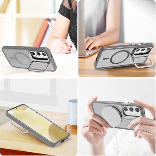 Image of VONZEE Polycarbonate Compatible for Samsung S25 Plus 5G Case, with Wireless Charging, (Not Compatible with Magsafe) Protective Case, Built-in Stash Stand Phone Case, Scratch-Resistant Back Cover,|Grey