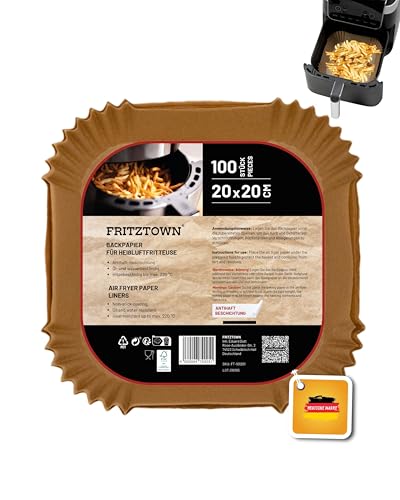 FRITZTOWN® Air Fryer Papel – 100 unidades, 20 x 20 cm, cuadrado, papel de horno antiadherente para freidoras de aire caliente, compatible con Ninja COSORI Philips Cecotec Midea Russell Hobbs XL XXL