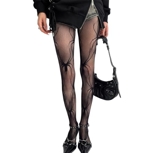 BASEMMAHER Spiders Fishnet Tights Gothic Spider Web Stockings Pantyhose for Women Halloween Cosplay Costume (Black)