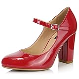 DailyShoes Women's Chunky Classic Round Toe Ankle Strap Shoes with Buckle Closure, Red Patent...