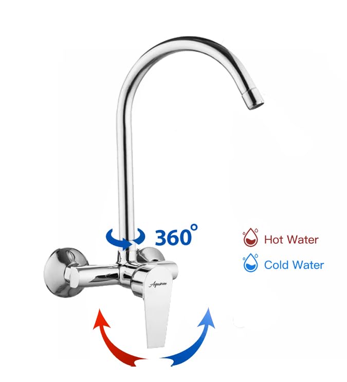Image of Aquieen Wall Mounted Single Lever Sink Mixer with Provision for Hot & Cold Water with 360 Degree Rotating Hi-Neck Spout, Connecting Legs & Wall Flanges (Aura)
