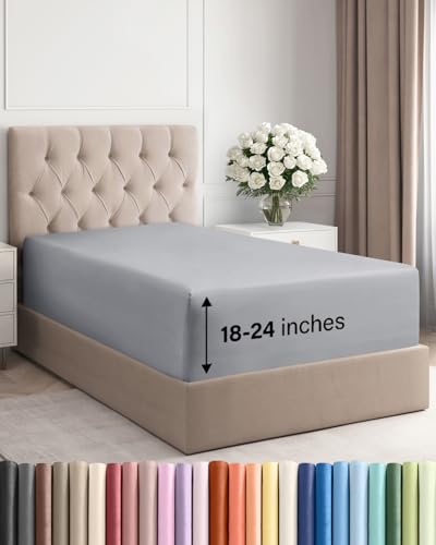 Image of Deep Twin XL Fitted Sheet - College Dorm Room Essentials - Steel Blue | Easily Fits 18 inch to 24 inch Mattress, Wrinkle Resistant, Soft, Breathable & Comfy, Extra Deep Pockets Fitted Sheet