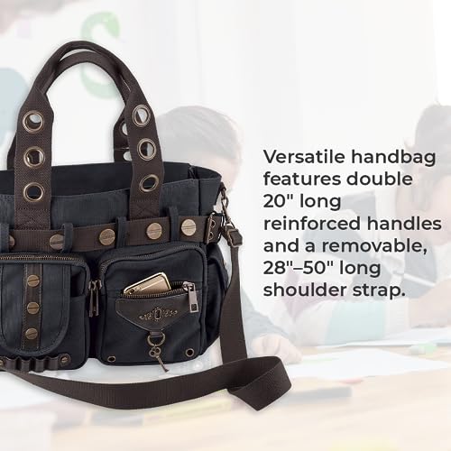 Image of SAGEFINDS Steampunk Key Canvas Handbag | Crossbody Shoulder Purse for Women | Messenger Bag with Top Handles | Adjustable and Detachable Body Strap | Hobo with Multi Pockets | 14 inch x 10 inch