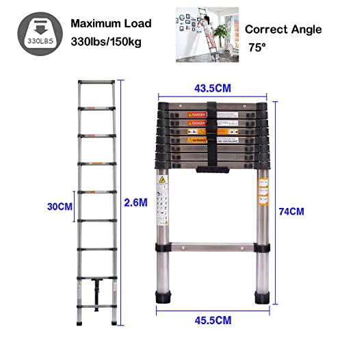 2.6M/8.5FT Telescopic Ladder Extension Ladder Stainless Steel Multi Purpose Loft Ladder 150kg Capacity, Folding Tall Ladder for Household Decorating, Painting 2 2.6M/8.5FT Telescopic Ladder Extension Ladder Stainless Steel Multi Purpose Loft Ladder 150kg Capacity, Folding Tall Ladder for Household Decorating, Painting - Image 2