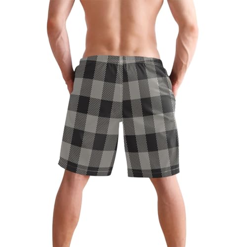 Beach Board Shorts Gray Black Buffalo Check Men's Swim Trunks Swimwear Casual Athletic Sport Short Plaid3