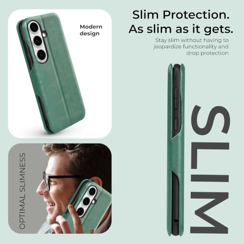Image of PULOKA for Samsung Galaxy S24 - Sleek Flip Case - Premium Vegan Leather Phone Cover with Card Slot - Slim, Durable, Privacy Protection - Kickstand Function - Elegant Flip Wallet Cases - Green