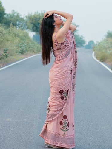 Image of Elegant Dusty Pink Linen Cotton Saree with Floral Print Border | Cotton Printed Saree with Unstitched Blouse Piece Saree for Women