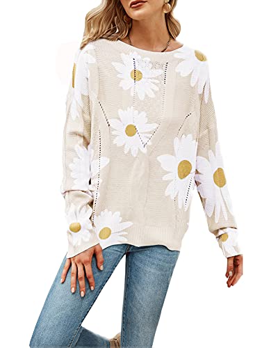 chouyatou Women's Crewneck Long Sleeve Floral Printed Knitted Sweater Pullover Tops