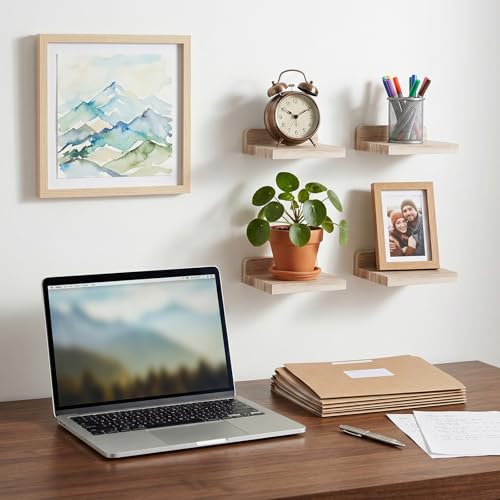 Image of Fixwal Small Floating Shelves for Wall (Light Carbonized, Set of 4, 5Inch) | Rustic wood shelf for displaying mini frames, plants, collectibles. Fits bedroom, living room, bathroom, kitchen, or office.