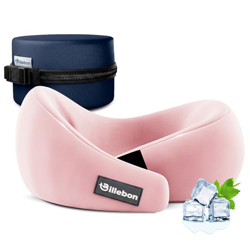 Image of Billebon Gel Infused Memory Foam Neck Pillow with Case, Travel Pillow with Adjustable Velcro Straps, Neck Pillow for Travelling & Flight Travel, Ergonomic Support for Comfort & Pain Relief (Pink)
