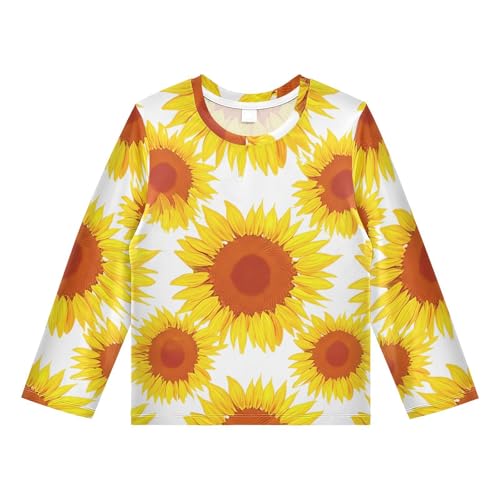 DOMIKING Yellow Sunflower Blossom White Boys Long Sleeve Rashguard Shirt Kids Quick Dry Swim Shirt for Swimming Pool Beach 11-12T
