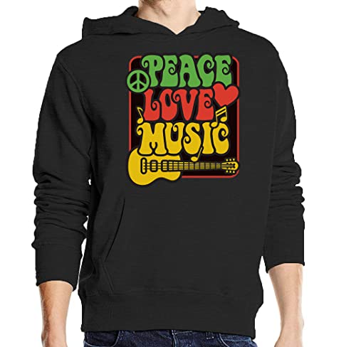Sweat à Capuche Rasta Guitar en Coton Noir Unisexe Peace Love Music