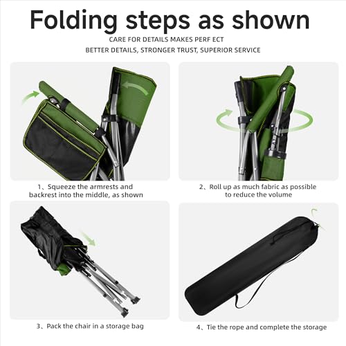 Image of Heavy Duty Folding Camping Chair Supports 400 LBS, Hard Arm Portable Outdoor Chair with Cup Holder & Storage Bag, Foldable Collapsible for Camp, Picnic, Lawn, Fishing,Green
