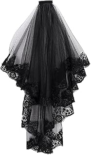 2-Tier Black Bridal Veil Halloween Gothic Wedding Lace Bride Veil with Comb Fancy Dress Soft Tulle Flower Embroidered Veil Waist Length Veil Hairpieces Flowery Day of the Dead Costume Accessory