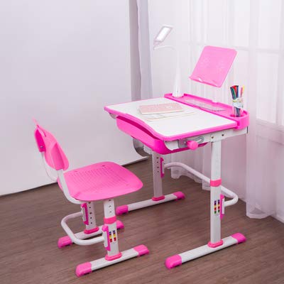 Yinleader Kids Desk and Chair Set,Height Adjustable,Spacious Storage Drawer,with Adjustable Tilted Desktop, Bookstand, Touch Led Lamp for School Student(Pink) - Thumbnail 5