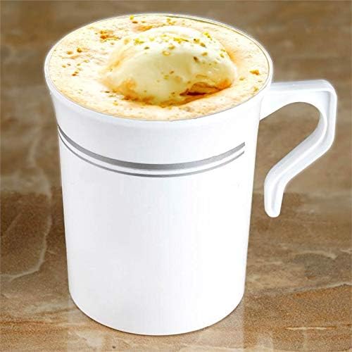 BloominGoods 50 Heavyweight Disposable White Plastic 8 oz. Coffee Mugs with Silver Trim | Tea, Cappuccino, Espresso Cups with Handles (50-Pack) - Image 2