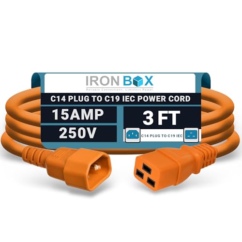Image of IronBox Electric - Heavy-Duty C14 to C19 Power Cord, 15A, 250V, 14 /3 SJT - IEC60320 PC Cable for Computer Extensions, Monitor, PSU - C14 Male to C19 Female Connector Power Cable - (Orange 3 Foot)