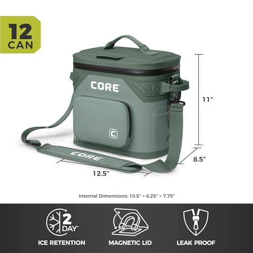 Image of CORE Magnetic Leak Proof Soft Cooler with Waterproof Zipper | Insulated Bag Portable Ice Chest Box | Best Soft Cooler for Food & Beverages for Tailgating, Car Camping, Travel, and Family Beach Picnics