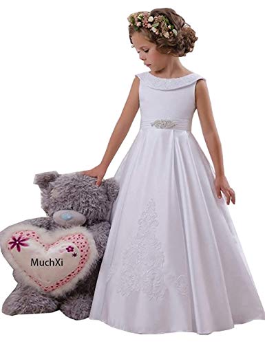 Hengyud Satin White First Communion Dresses for Girls Lace Off Shoulder Flower Girls Dress for Wedding