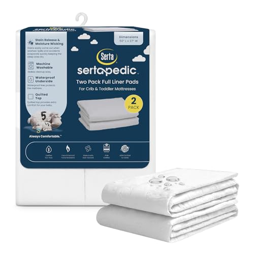 Image of Serta Sertapedic Crib Mattress Liner Pads (Pack of 2) - 100% Waterproof with Nanotex Technology - Ideal for Potty Training - Washable (White)