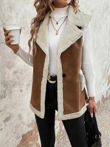 chouyatou Women's Winter Faux Suede Leather Vest Button Up Fuzzy Fleece Sleeveless Sherpa Jacket with Pockets2