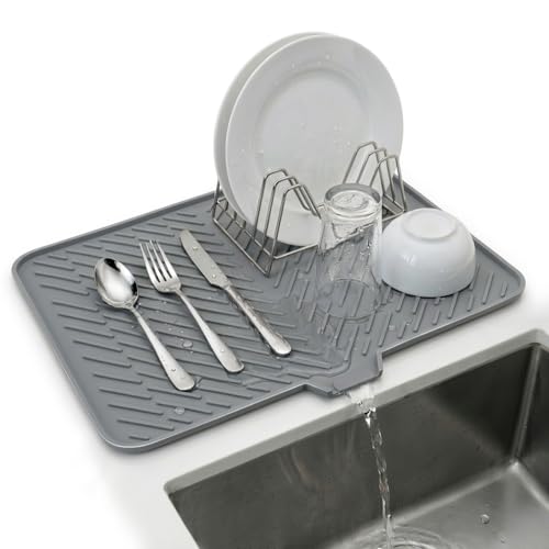 Image of Large Silicone Dish Drying Mat for Kitchen Sink 23 x 17 Inches, Silicone Kitchen Drying Mat with Drain Lip, Dish Drainer Mat for Utensils Plates Cups, Non Slip Sink & Counter Drying Mat