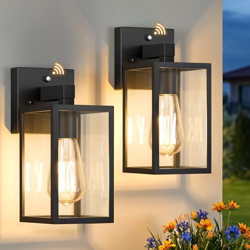 FOLKSMATE 2 Pack Dusk to Dawn Outdoor Wall Light Fixtures, Hardwired Anti‑Rust Exterior Porch Light, Waterproof Wall Sconces Lanterns, Sensor Lighting Wall Mount for House Doorway Garage, Black