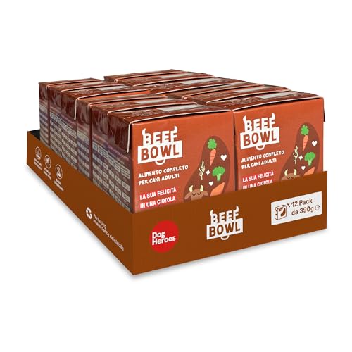 Dog Heroes - Cibo Umido Per Cani - 60% Manzo - Cibo Per Cani Naturale e Nutriente - Senza Cereali - Cotto al Vapore a Bassa Temperatura - Multipack 12 Confezioni da 390g