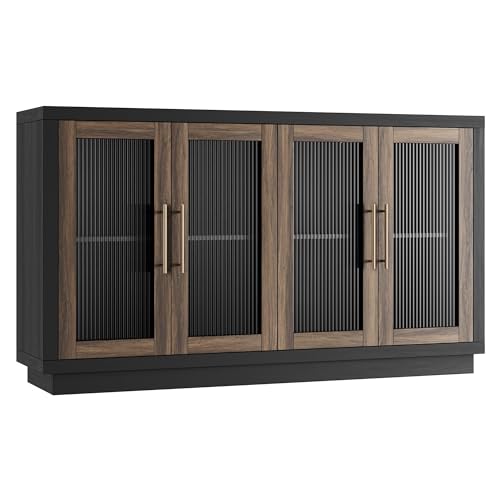 Fotosok FTSPB294US-BR Buffet Cabinet With Storage, 55.1 Inch Large Sideboard Buffet Cabinet, Modern Sideboard Kitchen Cabinet With 4 Fluted Glass Doors, Wood Coffee Bar Cabinet Buffet Table thumb #8